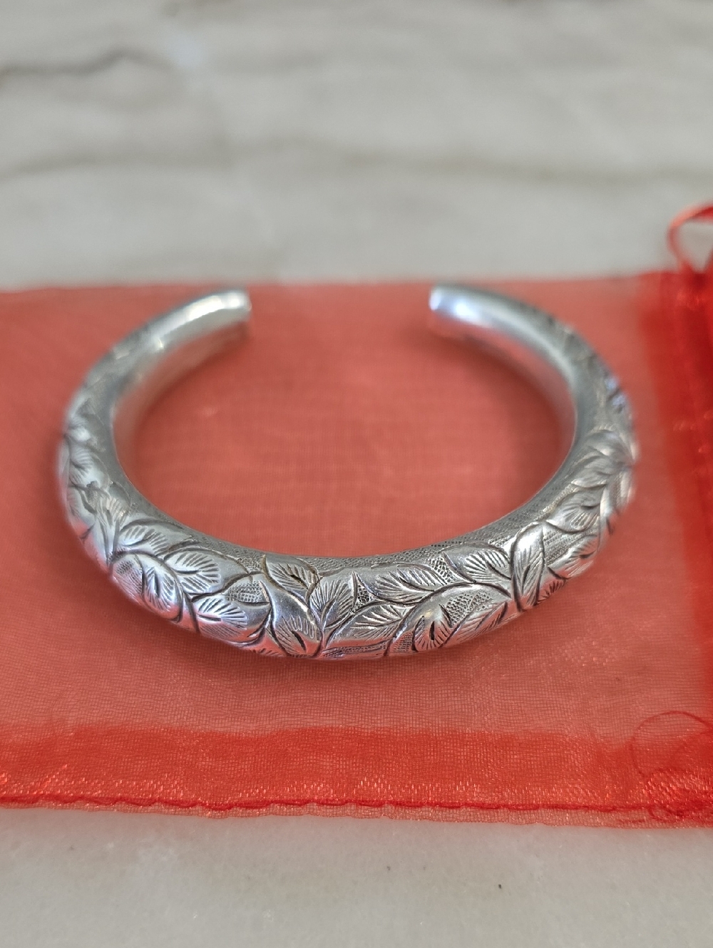 Silver 925 Engraved Leaf Sterling-Style Silver Cuff Bracelet - Women's Jewelry